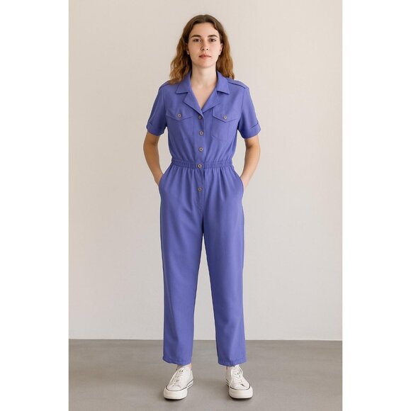 Vintage 70s–80s Saint Germain Paris Periwinkle Short-Sleeve Jumpsuit – Retro Dis - Picture 1 of 10